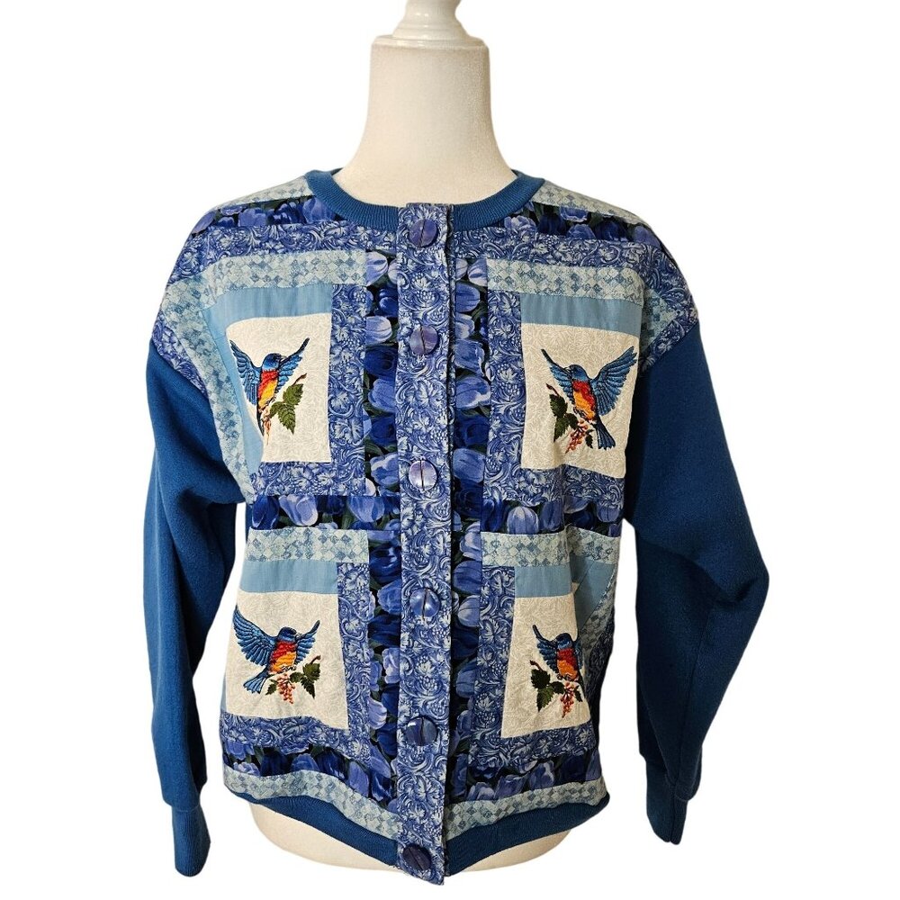 Vintage Size Large Cardigan Embroidered Bluebird Patchwork Sweatshirt Grannycore